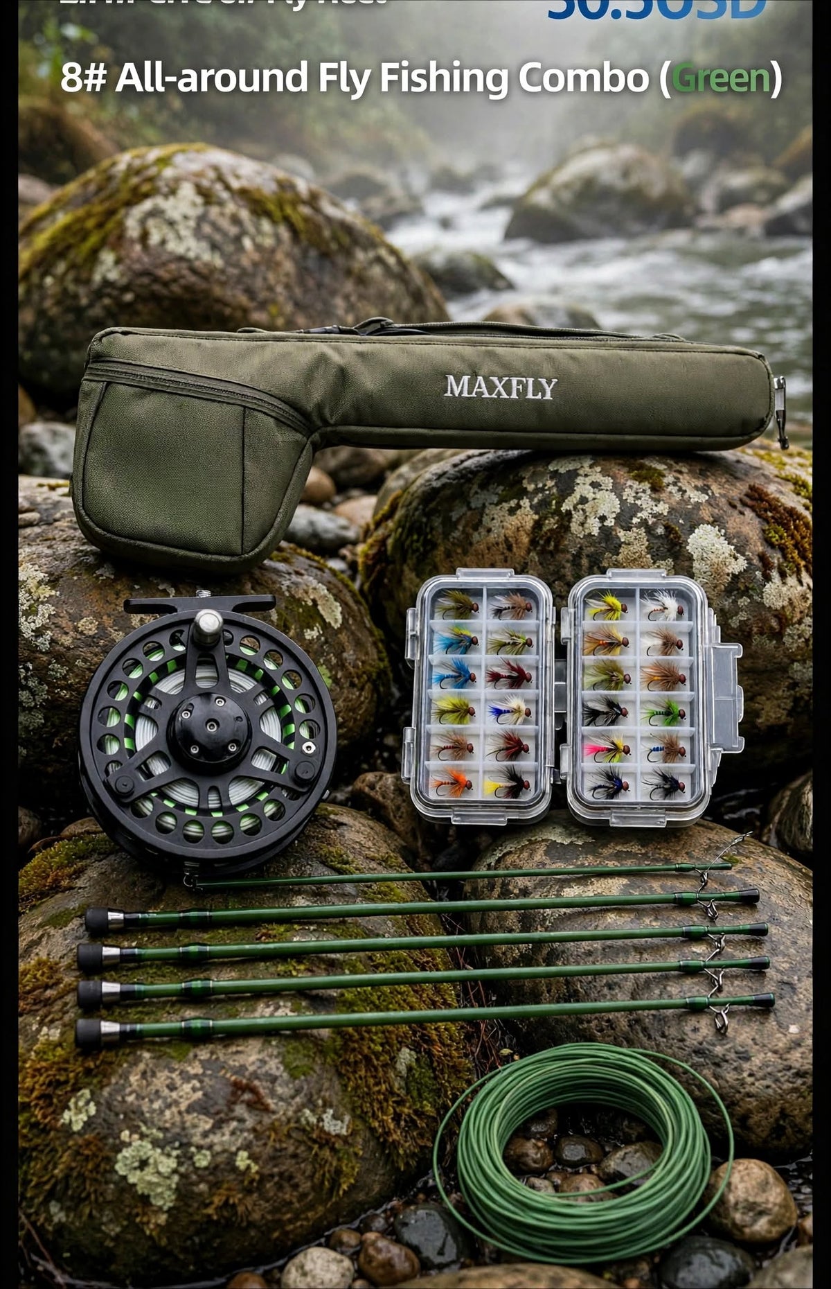 Ensemble Complet Pêche à la Mouche 2.7m (9ft) 8WT - Canne 4 Brins + Moulinet CNC + Soie