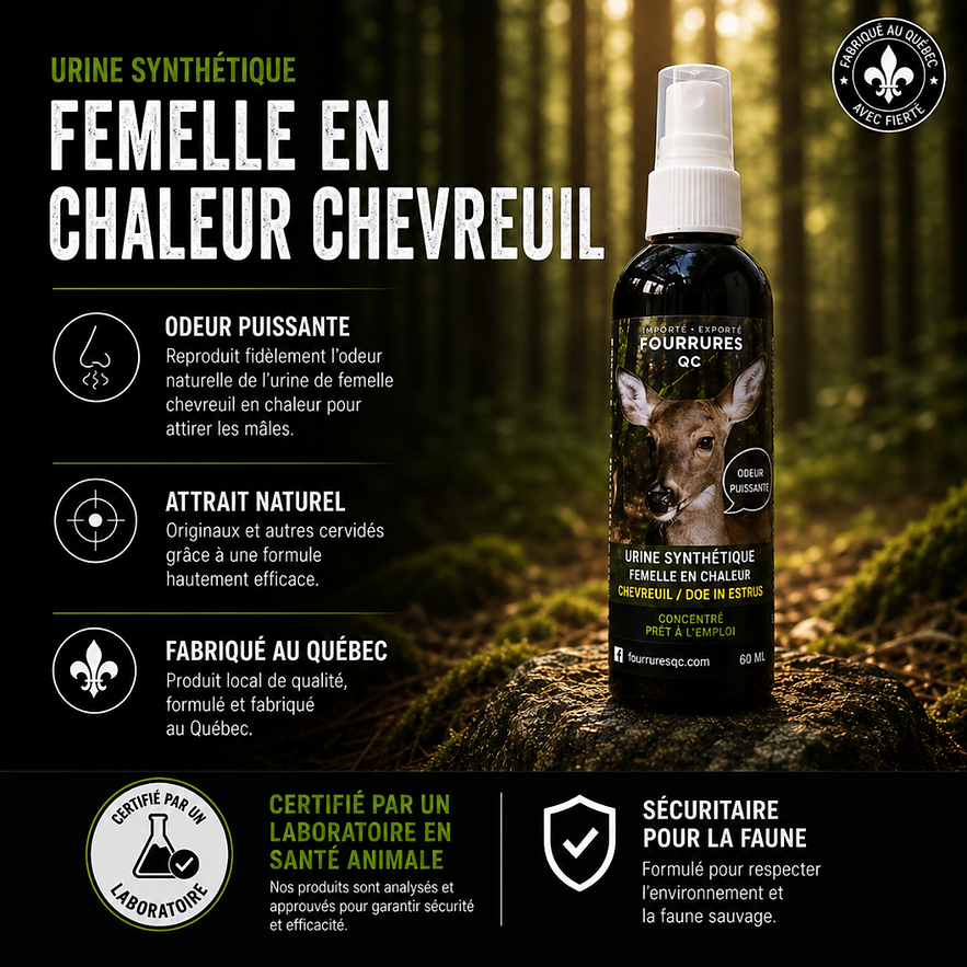 Urine Synth. Femelle en Chaleur Chevreuil 60ML – BEST SELLER | FABRIQUÉ AU QUÉBEC