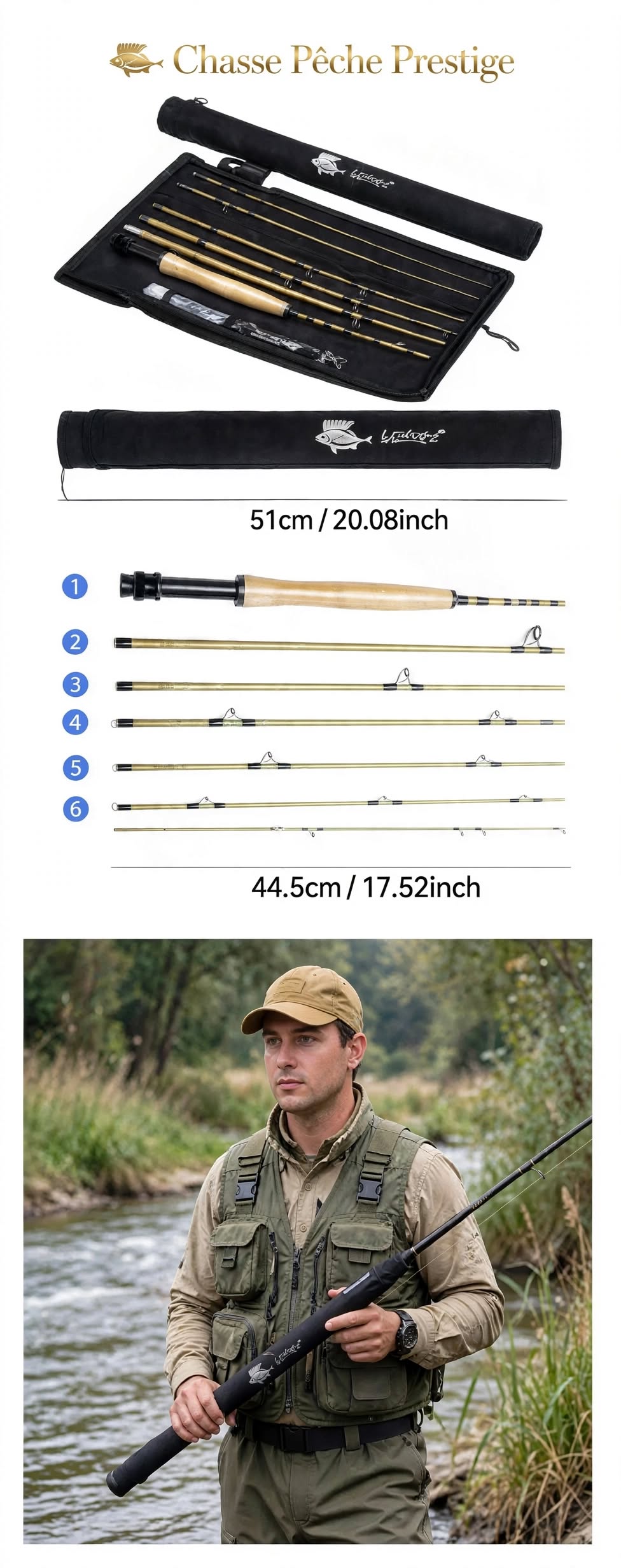 Canne à Mouche Travel 6 Brins 51cm - Tube Rigide + Housse - Édition Prestige