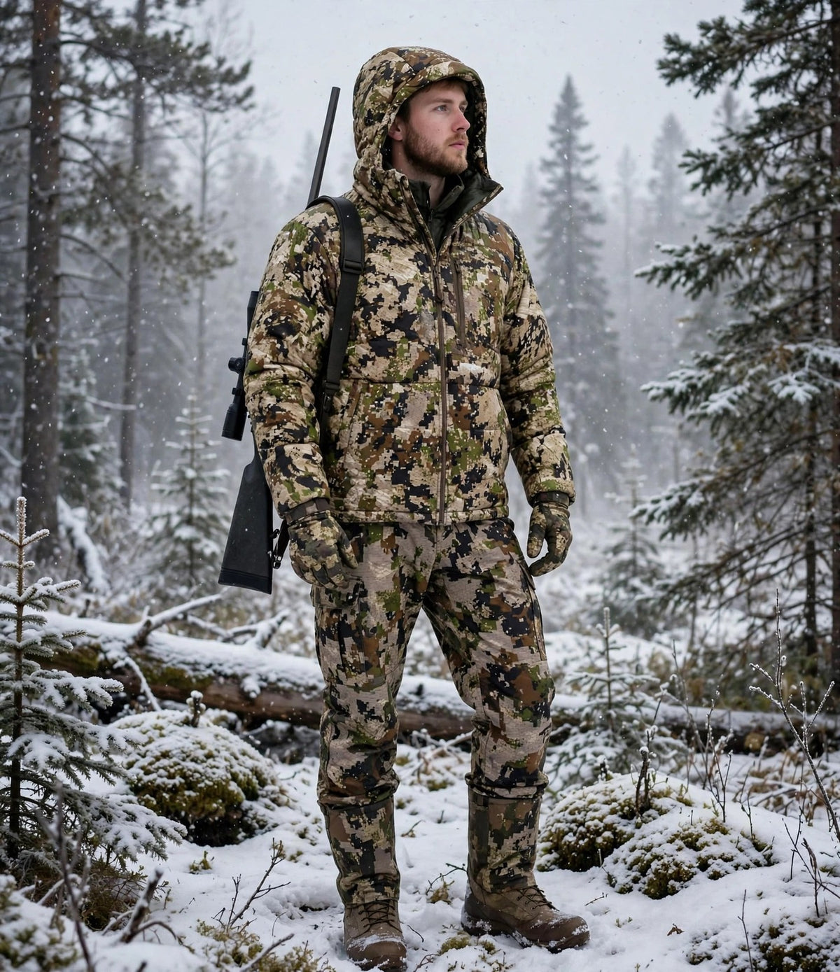 Kit chasse camouflage forêt SAJZA - veste puffy + pantalon + gants - neige hiver